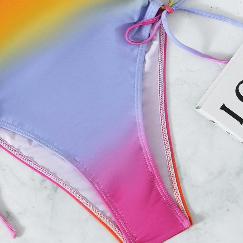 New Ombre Drawstring Side One Piece Swimsuit Rainbow - Picture 3 of 6